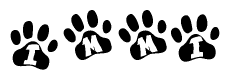 The image shows a series of animal paw prints arranged horizontally. Within each paw print, there's a letter; together they spell Immi