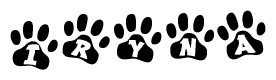 The image shows a series of animal paw prints arranged horizontally. Within each paw print, there's a letter; together they spell Iryna