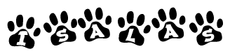 The image shows a series of animal paw prints arranged in a horizontal line. Each paw print contains a letter, and together they spell out the word Isalas.