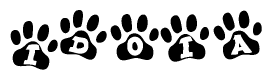The image shows a series of animal paw prints arranged horizontally. Within each paw print, there's a letter; together they spell Idoia