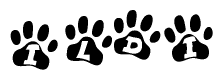 The image shows a series of animal paw prints arranged horizontally. Within each paw print, there's a letter; together they spell Ildi