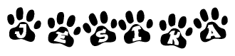 The image shows a row of animal paw prints, each containing a letter. The letters spell out the word Jesika within the paw prints.