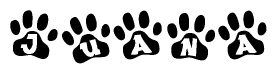 The image shows a series of animal paw prints arranged horizontally. Within each paw print, there's a letter; together they spell Juana