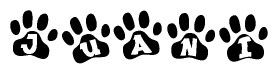 The image shows a series of animal paw prints arranged in a horizontal line. Each paw print contains a letter, and together they spell out the word Juani.