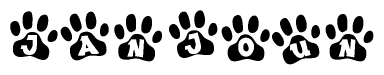The image shows a series of animal paw prints arranged in a horizontal line. Each paw print contains a letter, and together they spell out the word Janjoun.