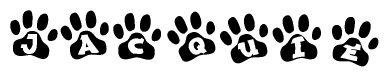 The image shows a series of animal paw prints arranged horizontally. Within each paw print, there's a letter; together they spell Jacquie