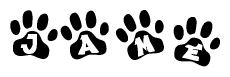 The image shows a row of animal paw prints, each containing a letter. The letters spell out the word Jame within the paw prints.