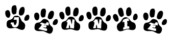 The image shows a series of animal paw prints arranged in a horizontal line. Each paw print contains a letter, and together they spell out the word Jennie.