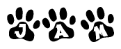 The image shows a series of animal paw prints arranged horizontally. Within each paw print, there's a letter; together they spell Jam
