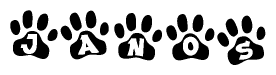 The image shows a series of animal paw prints arranged in a horizontal line. Each paw print contains a letter, and together they spell out the word Janos.