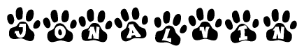 The image shows a row of animal paw prints, each containing a letter. The letters spell out the word Jonalvin within the paw prints.
