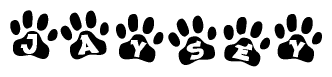 The image shows a series of animal paw prints arranged horizontally. Within each paw print, there's a letter; together they spell Jaysey