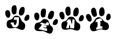 The image shows a series of animal paw prints arranged horizontally. Within each paw print, there's a letter; together they spell Jeni