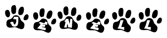 The image shows a series of animal paw prints arranged in a horizontal line. Each paw print contains a letter, and together they spell out the word Jenell.