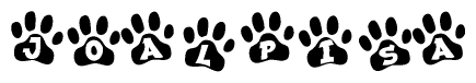 The image shows a series of animal paw prints arranged in a horizontal line. Each paw print contains a letter, and together they spell out the word Joalpisa.