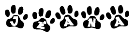 The image shows a series of animal paw prints arranged in a horizontal line. Each paw print contains a letter, and together they spell out the word Jeana.