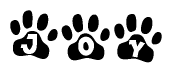 The image shows a series of animal paw prints arranged in a horizontal line. Each paw print contains a letter, and together they spell out the word Joy.