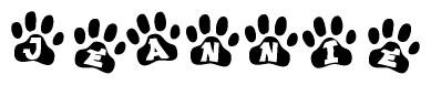 The image shows a series of animal paw prints arranged horizontally. Within each paw print, there's a letter; together they spell Jeannie