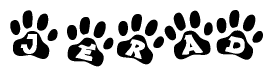 The image shows a row of animal paw prints, each containing a letter. The letters spell out the word Jerad within the paw prints.