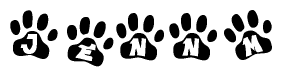 The image shows a series of animal paw prints arranged in a horizontal line. Each paw print contains a letter, and together they spell out the word Jennm.