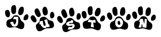 The image shows a series of animal paw prints arranged horizontally. Within each paw print, there's a letter; together they spell Juston