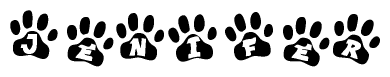 The image shows a series of animal paw prints arranged in a horizontal line. Each paw print contains a letter, and together they spell out the word Jenifer.