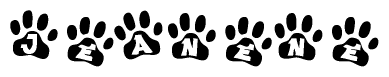 The image shows a series of animal paw prints arranged in a horizontal line. Each paw print contains a letter, and together they spell out the word Jeanene.