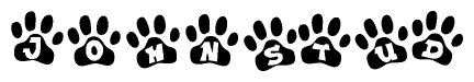 The image shows a series of animal paw prints arranged in a horizontal line. Each paw print contains a letter, and together they spell out the word Johnstud.