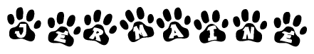 The image shows a series of animal paw prints arranged in a horizontal line. Each paw print contains a letter, and together they spell out the word Jermaine.