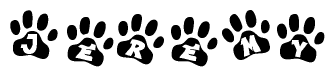 The image shows a series of animal paw prints arranged horizontally. Within each paw print, there's a letter; together they spell Jeremy