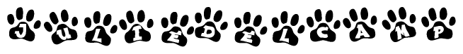 The image shows a series of animal paw prints arranged in a horizontal line. Each paw print contains a letter, and together they spell out the word Juliedelcamp.