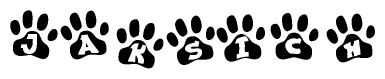 The image shows a row of animal paw prints, each containing a letter. The letters spell out the word Jaksich within the paw prints.