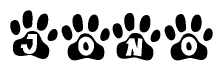 The image shows a series of animal paw prints arranged horizontally. Within each paw print, there's a letter; together they spell Jono
