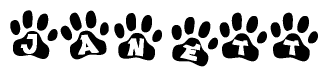 The image shows a series of animal paw prints arranged horizontally. Within each paw print, there's a letter; together they spell Janett