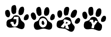 The image shows a series of animal paw prints arranged in a horizontal line. Each paw print contains a letter, and together they spell out the word Jory.