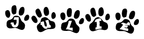 The image shows a series of animal paw prints arranged in a horizontal line. Each paw print contains a letter, and together they spell out the word Julie.