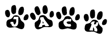 The image shows a series of animal paw prints arranged horizontally. Within each paw print, there's a letter; together they spell Jack
