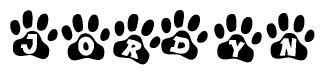 The image shows a row of animal paw prints, each containing a letter. The letters spell out the word Jordyn within the paw prints.
