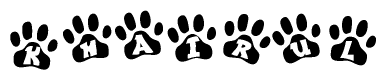 The image shows a series of animal paw prints arranged in a horizontal line. Each paw print contains a letter, and together they spell out the word Khairul.