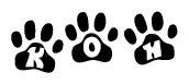 The image shows a row of animal paw prints, each containing a letter. The letters spell out the word Koh within the paw prints.
