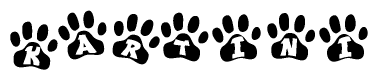 The image shows a row of animal paw prints, each containing a letter. The letters spell out the word Kartini within the paw prints.