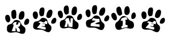 The image shows a series of animal paw prints arranged in a horizontal line. Each paw print contains a letter, and together they spell out the word Kenzie.