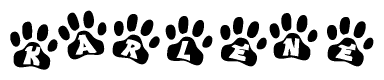 The image shows a series of animal paw prints arranged horizontally. Within each paw print, there's a letter; together they spell Karlene