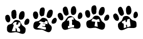 The image shows a series of animal paw prints arranged in a horizontal line. Each paw print contains a letter, and together they spell out the word Keith.