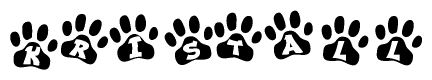 The image shows a series of animal paw prints arranged horizontally. Within each paw print, there's a letter; together they spell Kristall