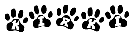 The image shows a row of animal paw prints, each containing a letter. The letters spell out the word Kirki within the paw prints.