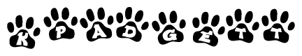The image shows a series of animal paw prints arranged horizontally. Within each paw print, there's a letter; together they spell Kpadgett