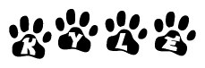 The image shows a row of animal paw prints, each containing a letter. The letters spell out the word Kyle within the paw prints.