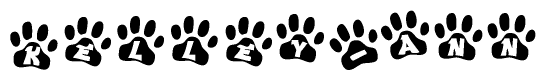 The image shows a series of animal paw prints arranged in a horizontal line. Each paw print contains a letter, and together they spell out the word Kelley-ann.