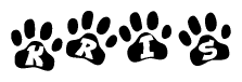 The image shows a series of animal paw prints arranged in a horizontal line. Each paw print contains a letter, and together they spell out the word Kris.
